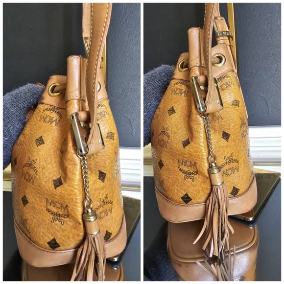 Authentic MCM Brown Visetos Leather Drawstring Bucket Bag - Picture 9 of 12